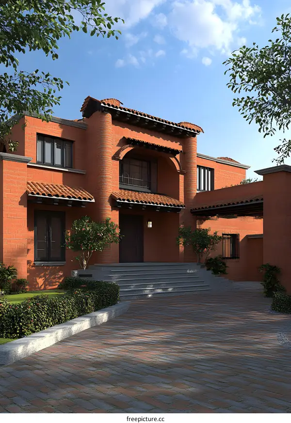 Red Brick House Exterior Design With Green Bushes