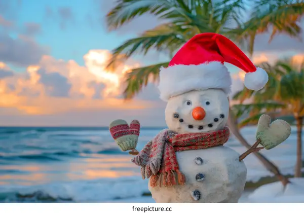 Santa Claus snowman on a tropical beach