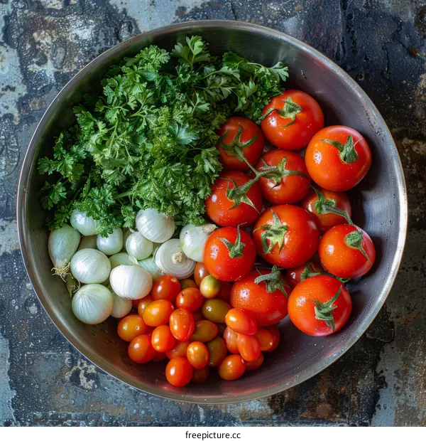 A metal bowl filled with different types of tomatoes and onions