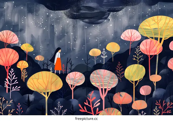 Woman Walking Through A Forest Under a Starry Night Sky