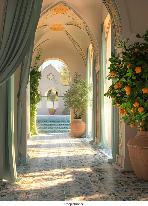 Mediterranean style corridor with orange tree