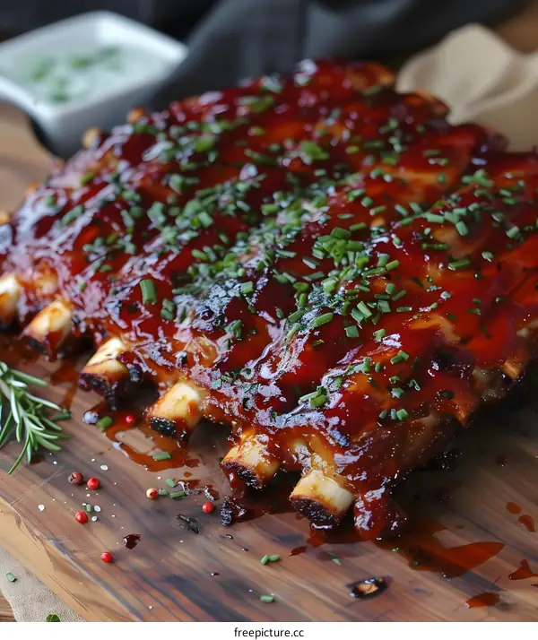 A rack of pork ribs with a sweet and spicy glaze