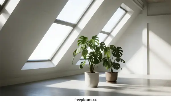 Monstera Plants in Bright Sunlit Modern Interior Space