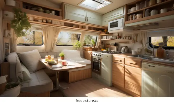 Cozy interior of a recreational vehicle with a kitchen and dining area