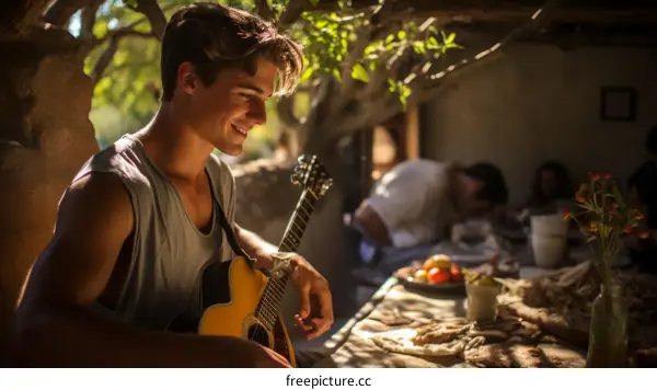 Young man playing guitar in a relaxed setting