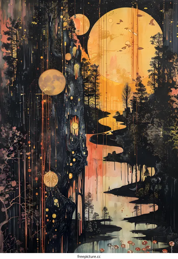 Surreal Abstract Art Painting of Forest with Moons