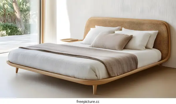 Modern Minimalist Wicker Bed Frame With Wooden Legs And Pillows