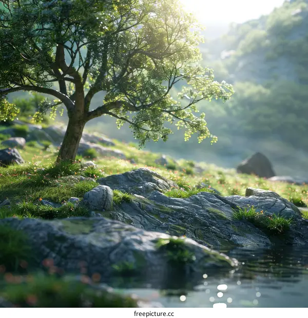 Mountain Stream with Lush Greenery