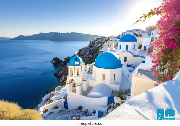 Santorini, Greece. Famous whitewashed buildings with blue domed churches on the edge of a cliff overlooking the Aegean Sea.