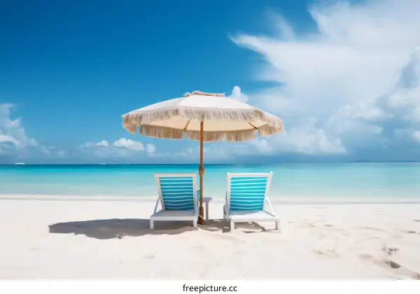 Two beach chairs under a straw umbrella on a white sand beach with the ocean in the background