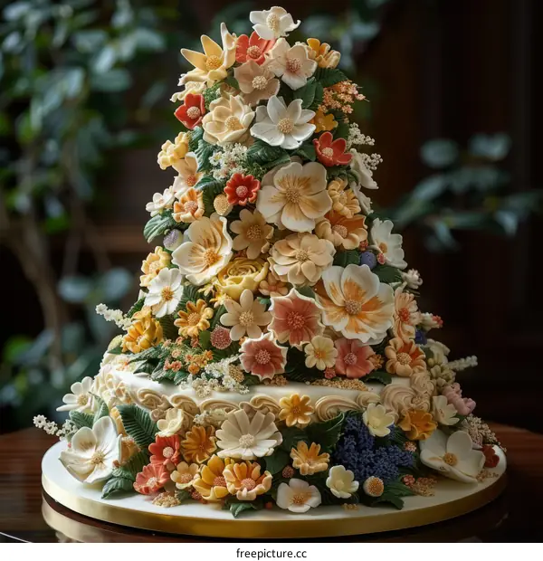 Four tiers of wedding cake decorated with colorful flowers