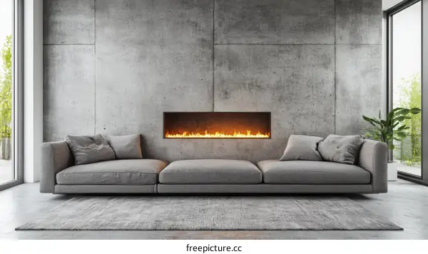 Modern Concrete Living Room with Sectional Sofa and Fireplace
