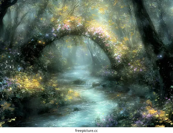 Enchanted Forest Pathway with Floral Archway