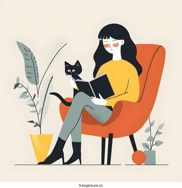 Woman Sitting in Chair with Cat Reading Book
