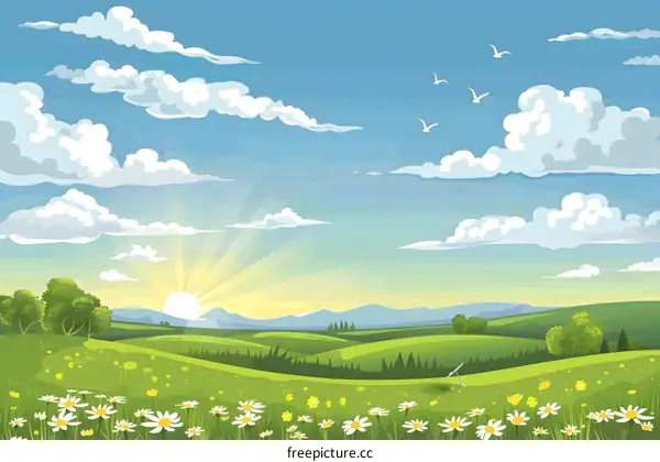 Beautiful Landscape With Green Fields And White Clouds