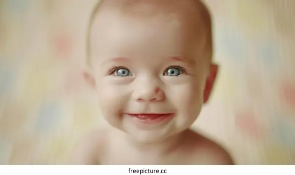 An adorable baby with blue eyes is smiling at the camera