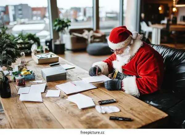 Santa Claus Writing Christmas Letters at a Wooden Table