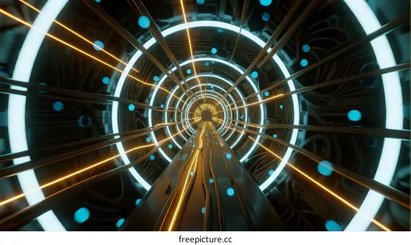 Futuristic Digital Tunnel with Glowing Circles and Lines