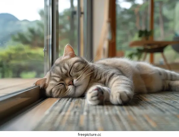 A tabby cat is sleeping in front of a glass door