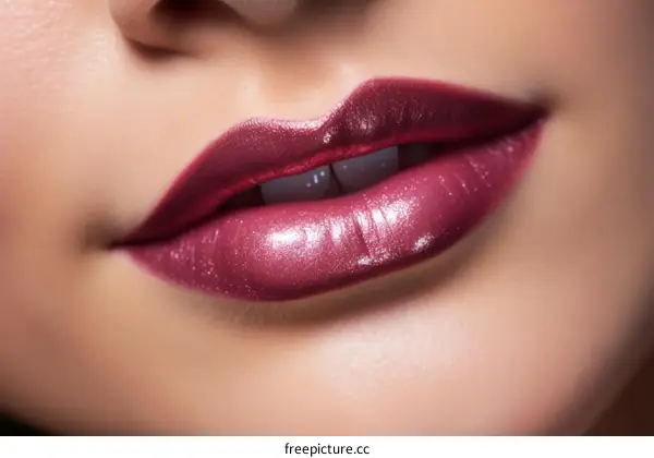 Close up of woman's lips with dark pink lipstick