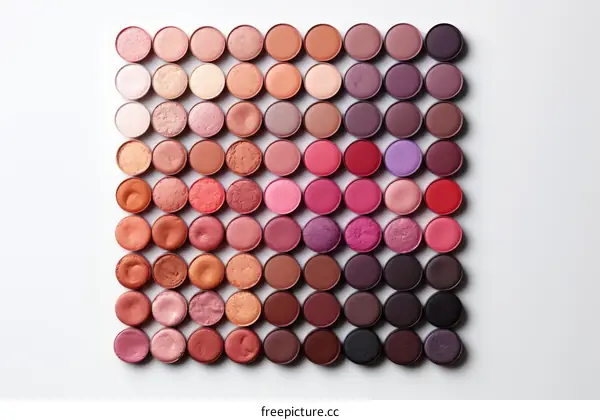 Various colors of eyeshadow arranged in a grid pattern