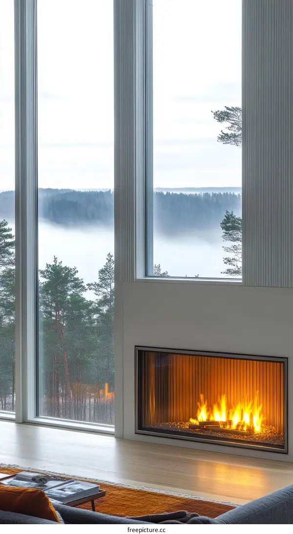 Modern Fireplace with Panoramic Window View