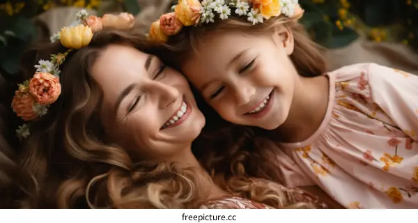 A mother and her daughter are smiling and wearing flower crowns.