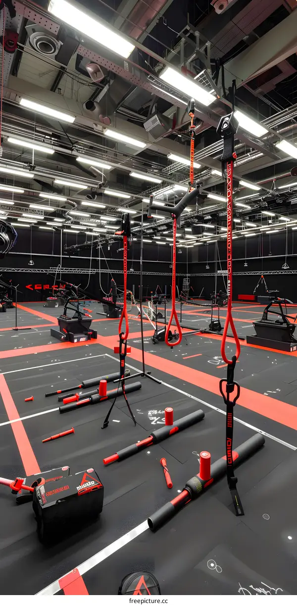 Red and Black Gym Training Facility with Suspension Trainers