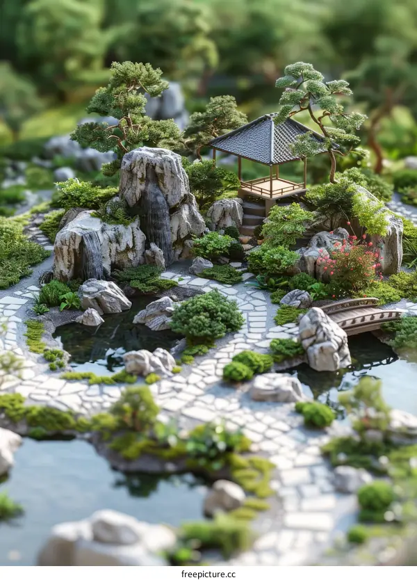 Miniature Zen Garden with Waterfall, Bridge, and Pagoda
