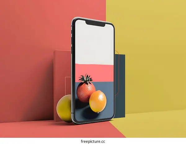 Phone Mockup with Tomatoes and Oranges on Colored Background