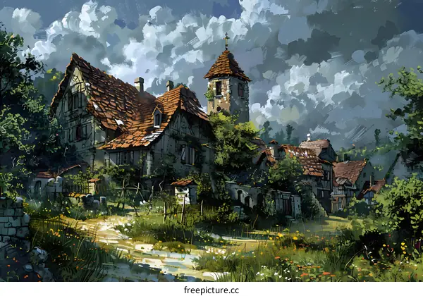 Painting of a European Medieval Village with a Stone Tower