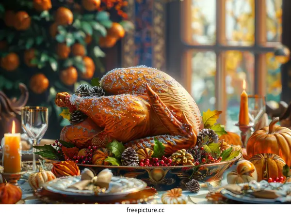 Thanksgiving Dinner Table with Roasted Turkey & Festive Ambiance