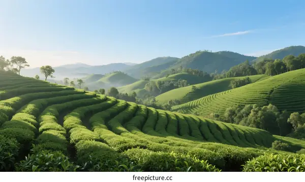 Beautiful Green Terraced Tea Plantation Scenery Under Clear Sky