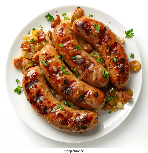 grilled sausages with caramelized onions and parsley