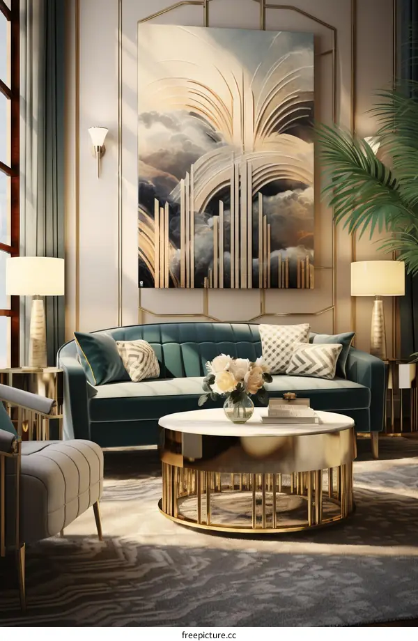 A luxurious living room with a green sofa, a coffee table, and a painting