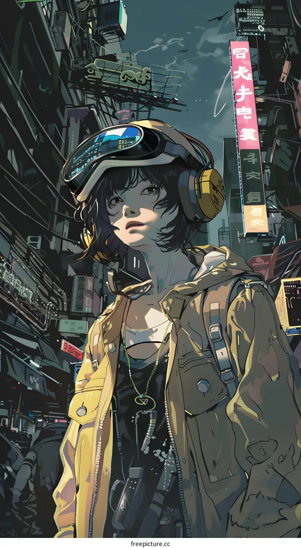 Cyberpunk Woman with Goggles and Headphones in a Futuristic City