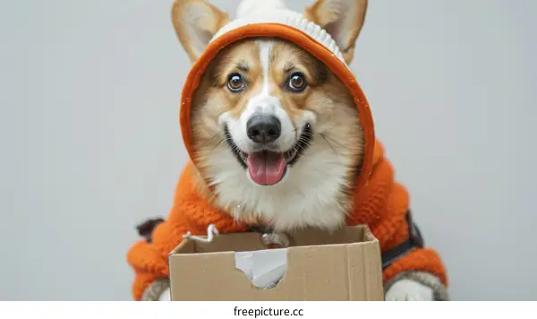 Cute Dog in Orange Hoodie with Cardboard Box