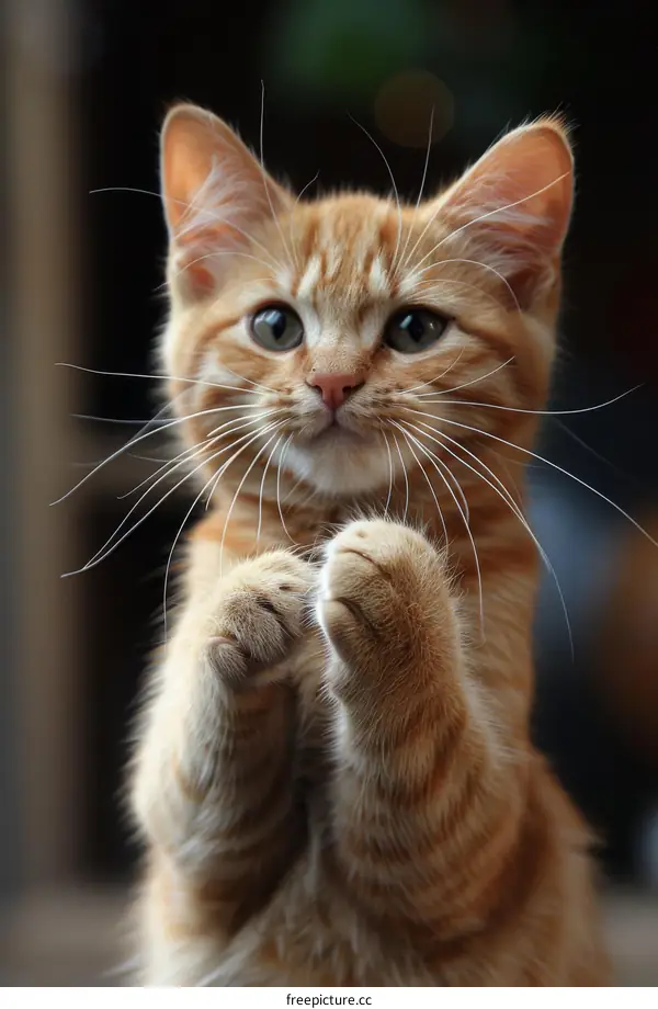 An adorable ginger kitten with paws up in playful wonder