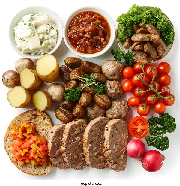 Various kinds of food are placed on a white background, including roast beef, potatoes, cherry tomatoes, meatballs, bread, and sauces.