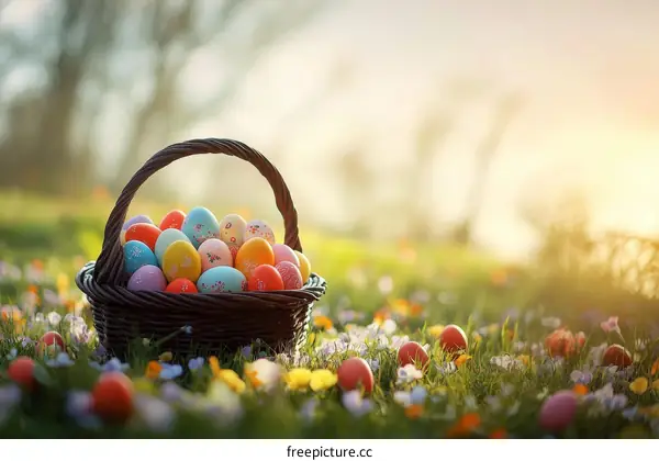 Easter Basket Filled with Colorful Eggs in a Spring Meadow