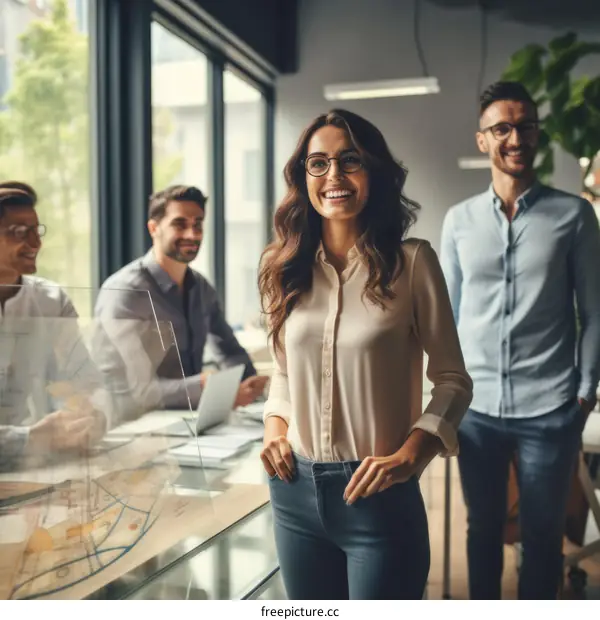 Portrait of a smiling businesswoman with her colleagues in the background