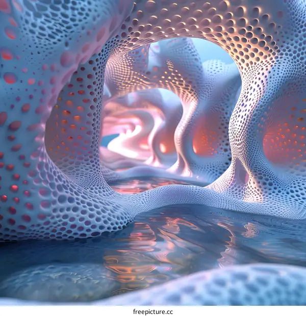 Glowing Blue Lake in Surreal Organic Architecture Interior