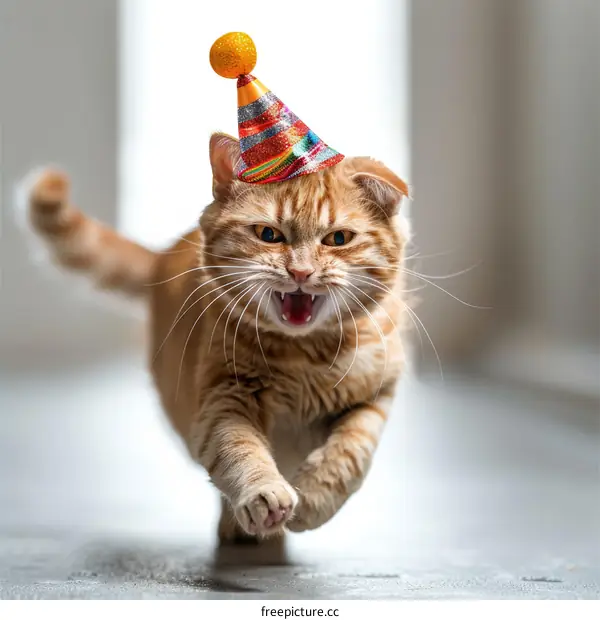 Ginger Cat Running in Party Hat