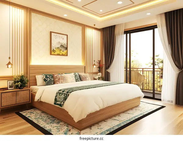 Modern Bedroom Interior Design with Wooden Bed and a Balcony View