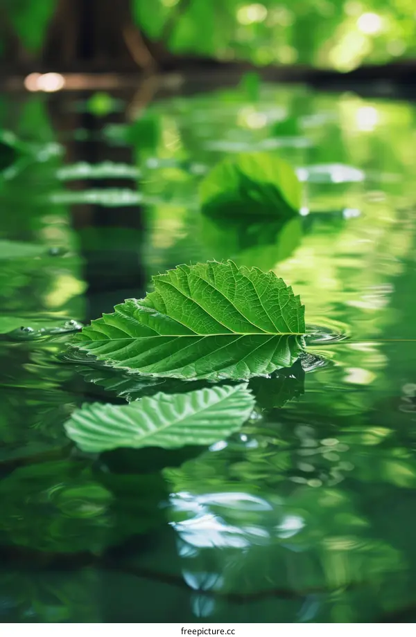 Green leaves floating on the water surface