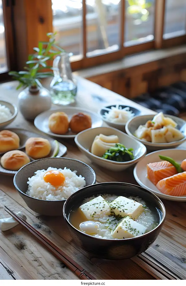 A delicious Japanese breakfast with rice, soup, and various side dishes
