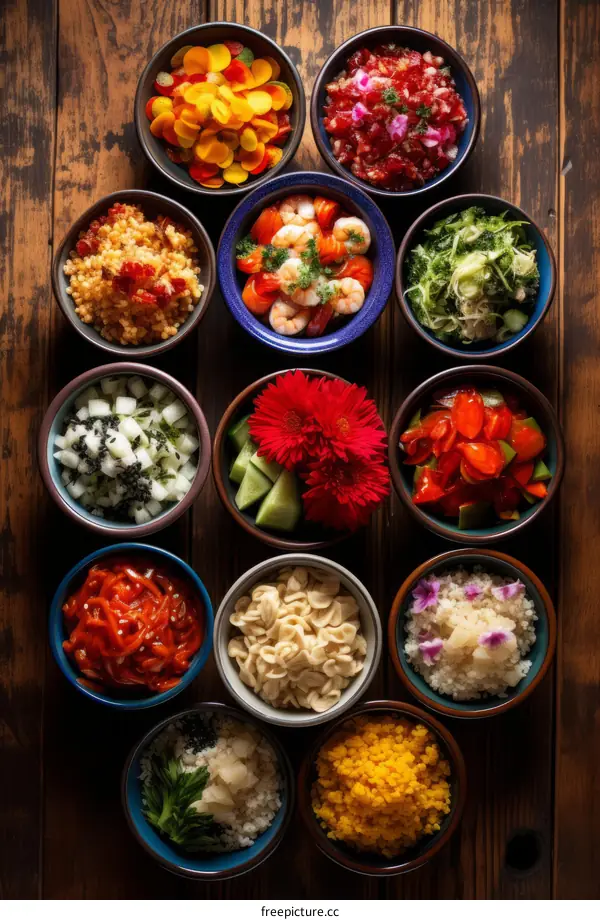 Various bowls of food arranged on a wooden table