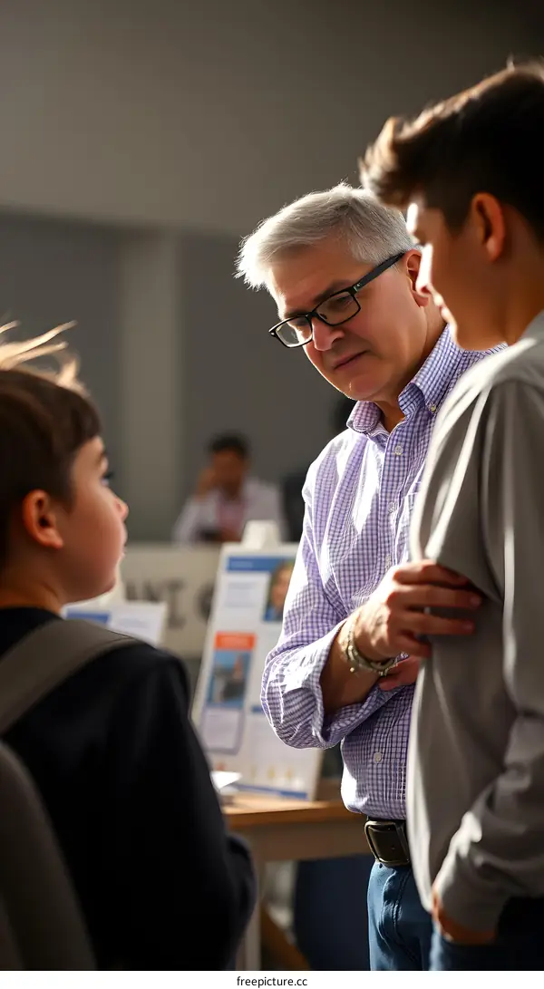 Father and Sons Talking at a Conference