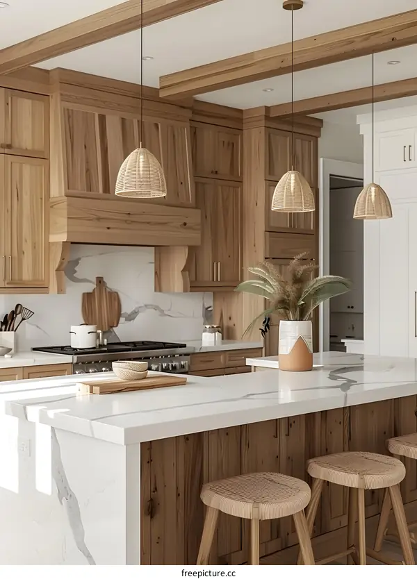 Warm and inviting kitchen with natural wood cabinets and white marble countertops