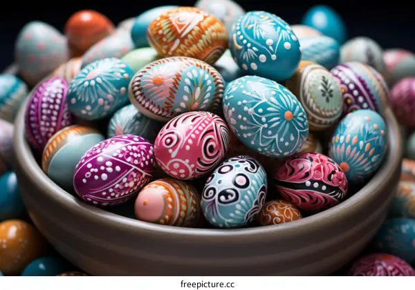 A bowl filled with colorful Easter eggs